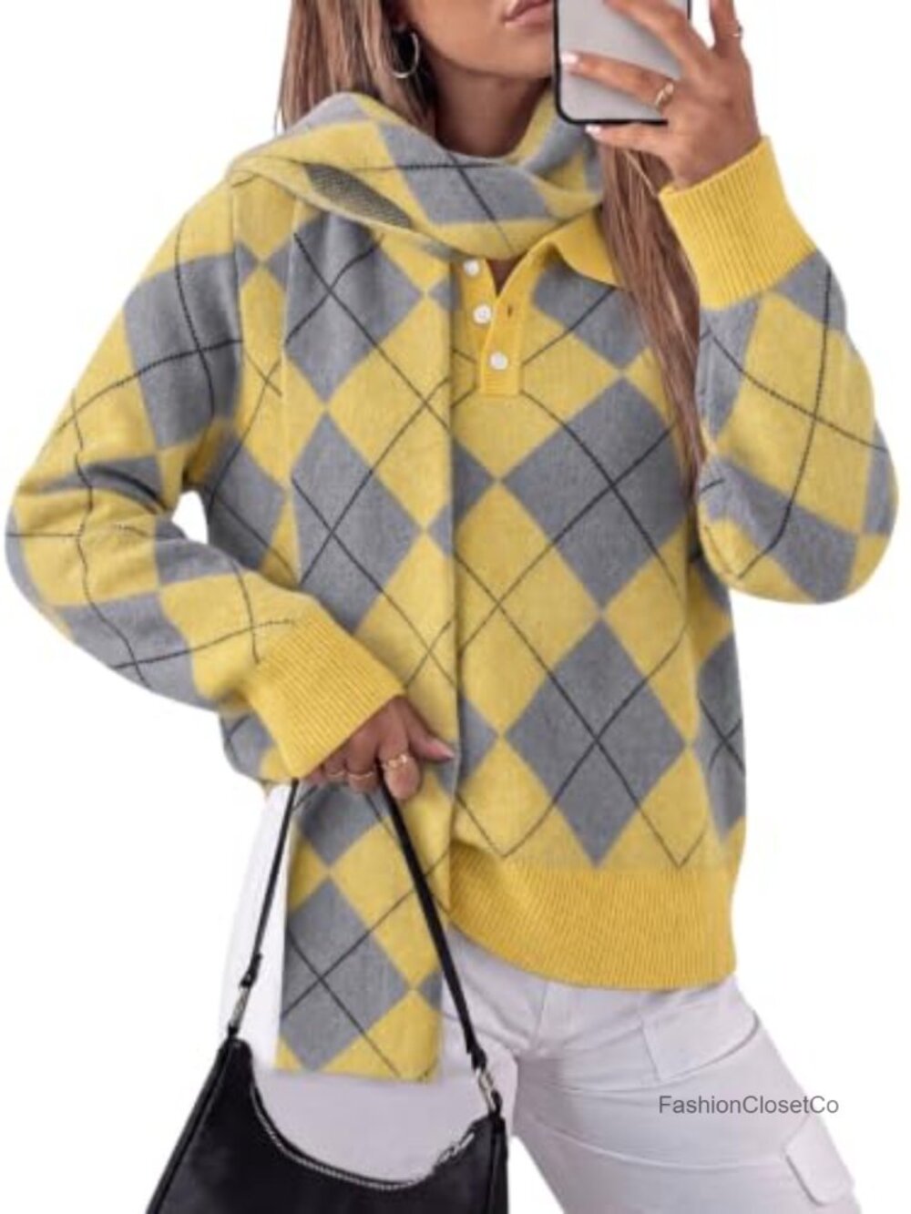 Saodimallsu Argyle Color Block Polo Sweater Pullover Tops with Scarf